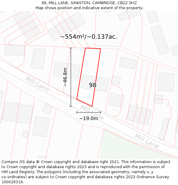 98, MILL LANE, SAWSTON, CAMBRIDGE, CB22 3HZ: Plot and title map