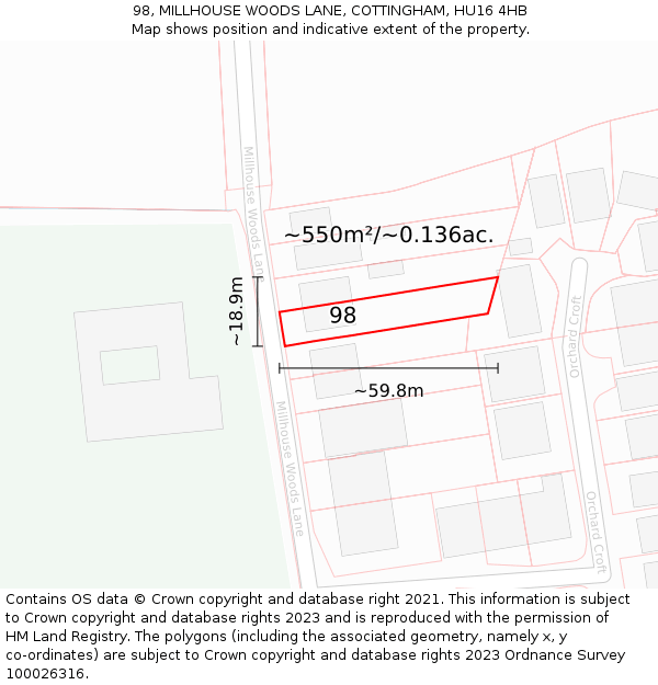 98, MILLHOUSE WOODS LANE, COTTINGHAM, HU16 4HB: Plot and title map