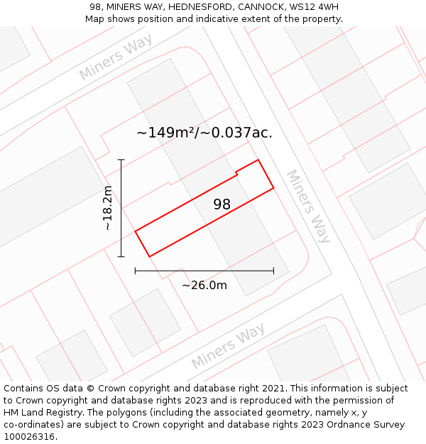 98, MINERS WAY, HEDNESFORD, CANNOCK, WS12 4WH: Plot and title map