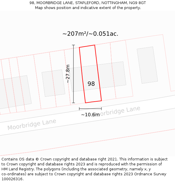 98, MOORBRIDGE LANE, STAPLEFORD, NOTTINGHAM, NG9 8GT: Plot and title map