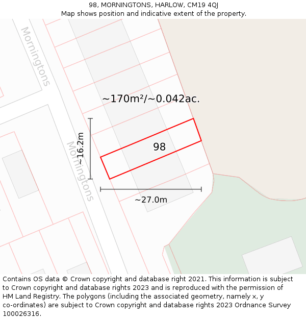 98, MORNINGTONS, HARLOW, CM19 4QJ: Plot and title map