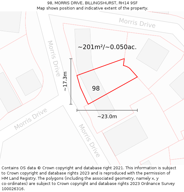 98, MORRIS DRIVE, BILLINGSHURST, RH14 9SF: Plot and title map