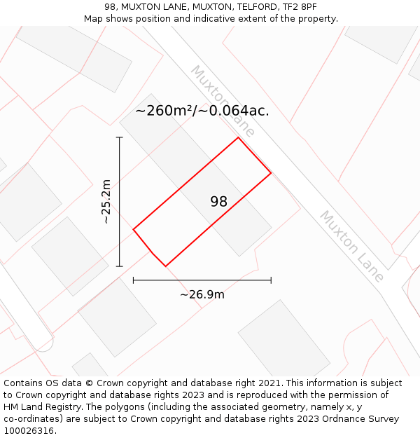 98, MUXTON LANE, MUXTON, TELFORD, TF2 8PF: Plot and title map