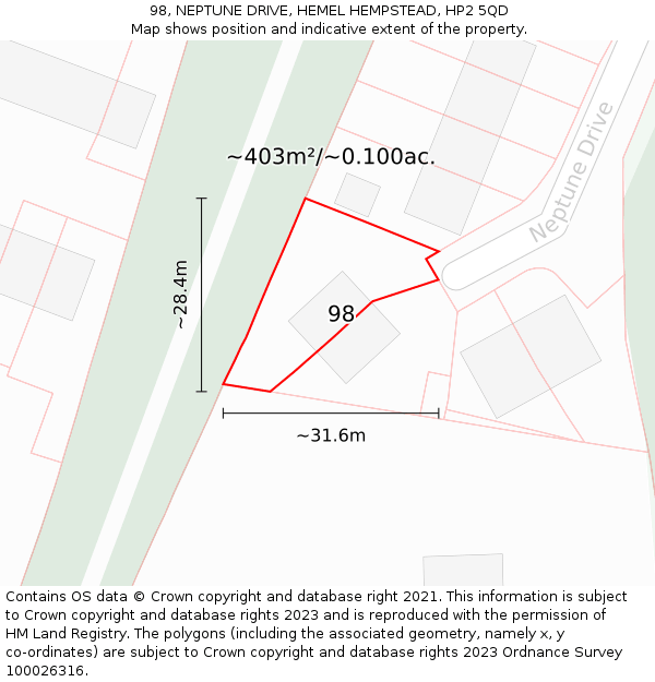 98, NEPTUNE DRIVE, HEMEL HEMPSTEAD, HP2 5QD: Plot and title map