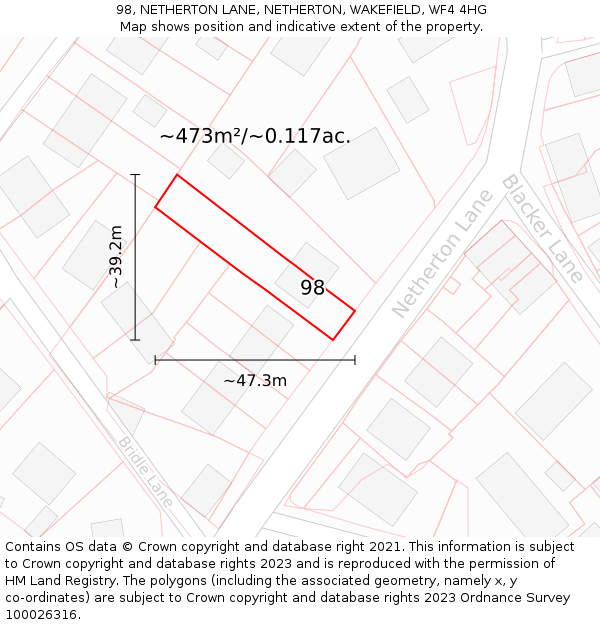 98, NETHERTON LANE, NETHERTON, WAKEFIELD, WF4 4HG: Plot and title map