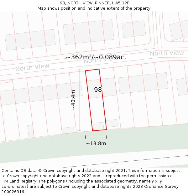98, NORTH VIEW, PINNER, HA5 1PF: Plot and title map