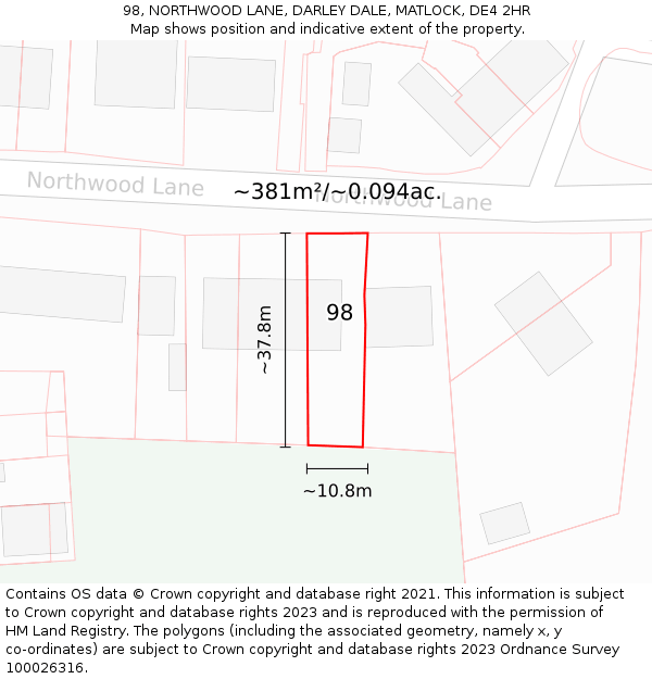 98, NORTHWOOD LANE, DARLEY DALE, MATLOCK, DE4 2HR: Plot and title map