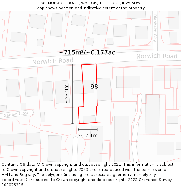 98, NORWICH ROAD, WATTON, THETFORD, IP25 6DW: Plot and title map