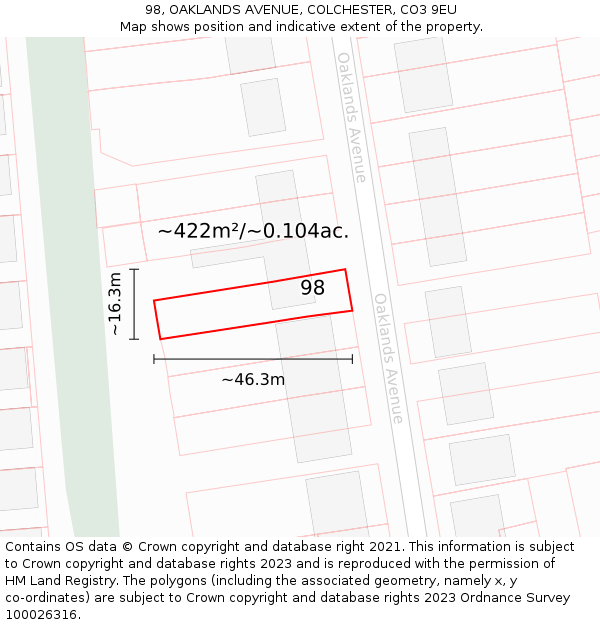 98, OAKLANDS AVENUE, COLCHESTER, CO3 9EU: Plot and title map