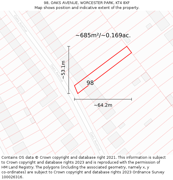 98, OAKS AVENUE, WORCESTER PARK, KT4 8XF: Plot and title map
