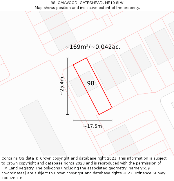 98, OAKWOOD, GATESHEAD, NE10 8LW: Plot and title map