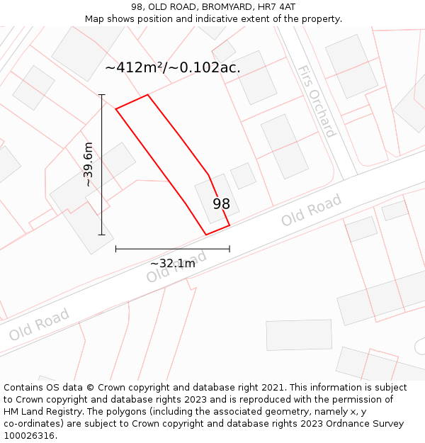 98, OLD ROAD, BROMYARD, HR7 4AT: Plot and title map