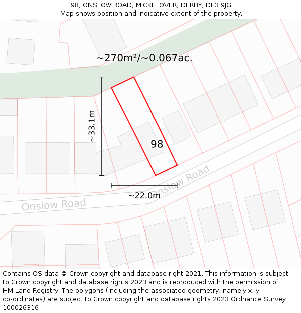 98, ONSLOW ROAD, MICKLEOVER, DERBY, DE3 9JG: Plot and title map