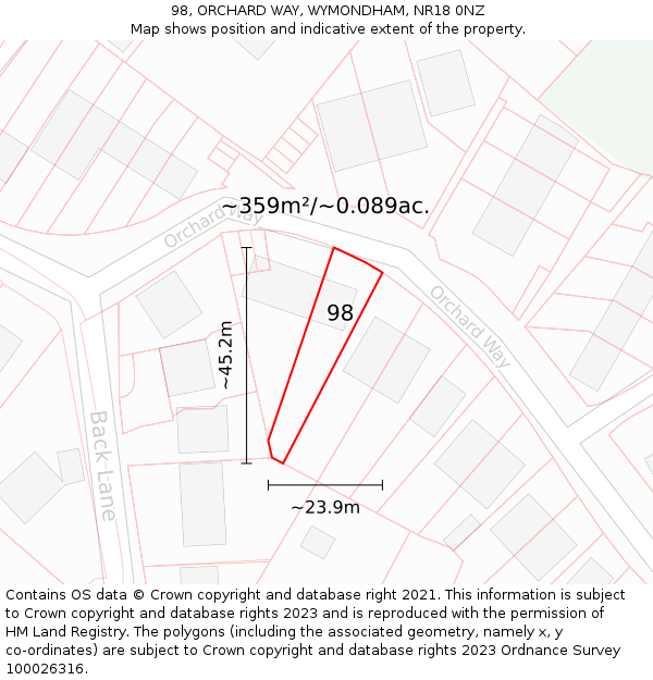 98, ORCHARD WAY, WYMONDHAM, NR18 0NZ: Plot and title map