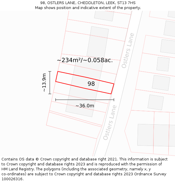 98, OSTLERS LANE, CHEDDLETON, LEEK, ST13 7HS: Plot and title map