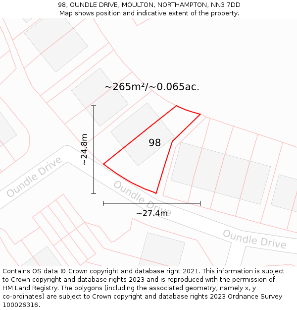 98, OUNDLE DRIVE, MOULTON, NORTHAMPTON, NN3 7DD: Plot and title map