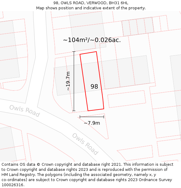 98, OWLS ROAD, VERWOOD, BH31 6HL: Plot and title map