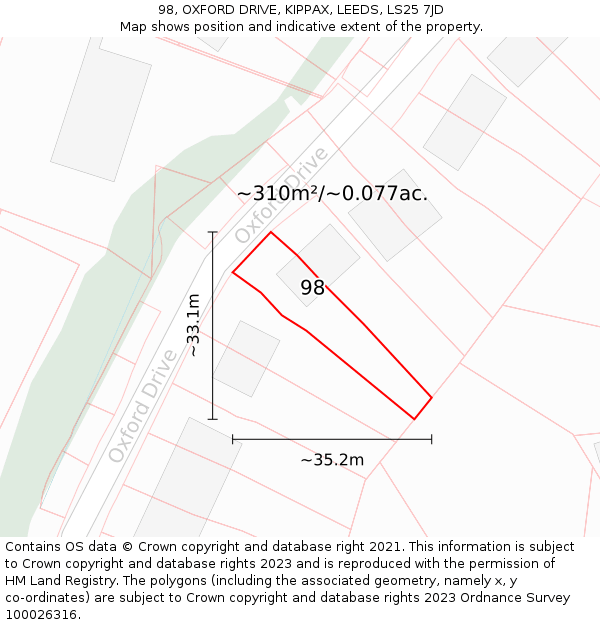 98, OXFORD DRIVE, KIPPAX, LEEDS, LS25 7JD: Plot and title map