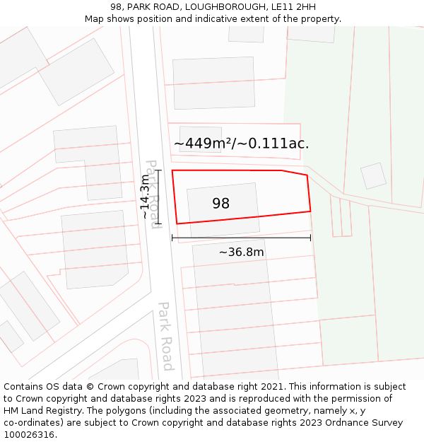 98, PARK ROAD, LOUGHBOROUGH, LE11 2HH: Plot and title map