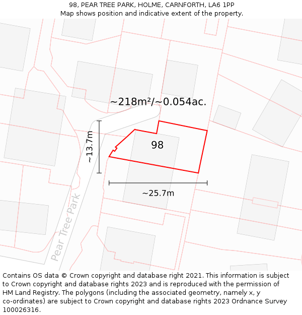 98, PEAR TREE PARK, HOLME, CARNFORTH, LA6 1PP: Plot and title map