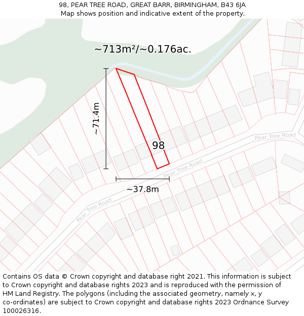 98, PEAR TREE ROAD, GREAT BARR, BIRMINGHAM, B43 6JA: Plot and title map