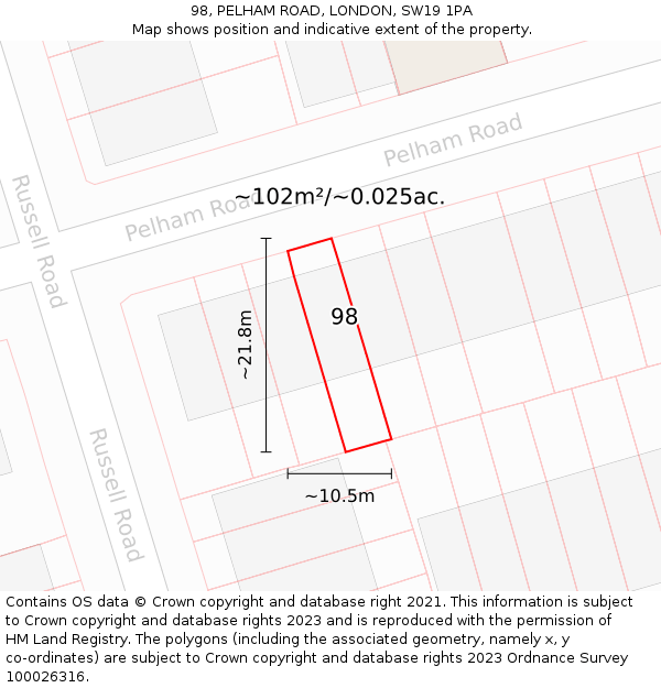 98, PELHAM ROAD, LONDON, SW19 1PA: Plot and title map