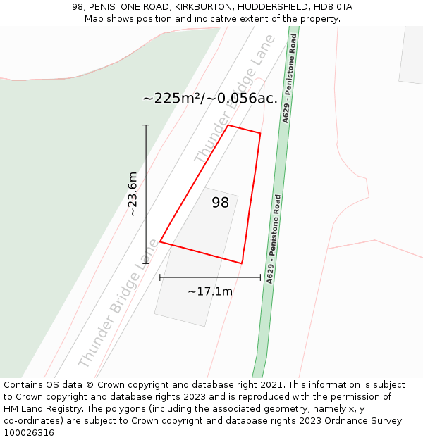 98, PENISTONE ROAD, KIRKBURTON, HUDDERSFIELD, HD8 0TA: Plot and title map