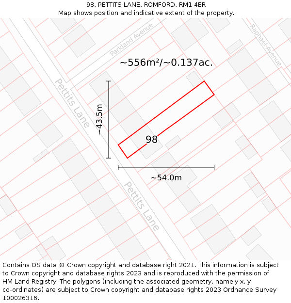 98, PETTITS LANE, ROMFORD, RM1 4ER: Plot and title map