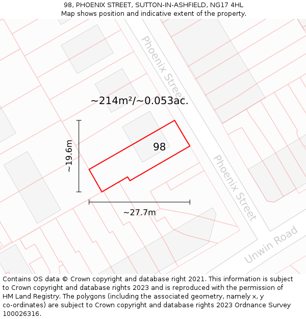 98, PHOENIX STREET, SUTTON-IN-ASHFIELD, NG17 4HL: Plot and title map