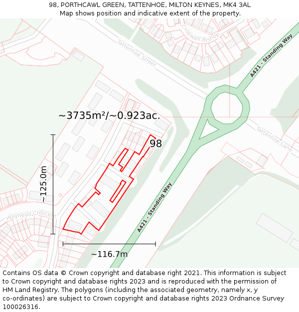 98, PORTHCAWL GREEN, TATTENHOE, MILTON KEYNES, MK4 3AL: Plot and title map