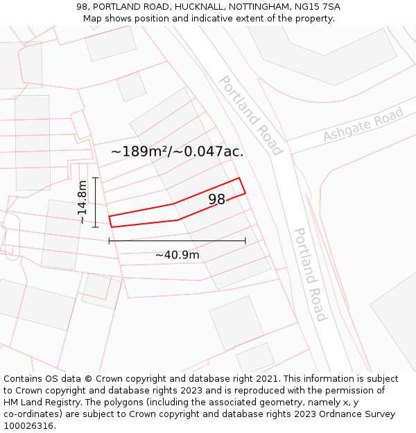 98, PORTLAND ROAD, HUCKNALL, NOTTINGHAM, NG15 7SA: Plot and title map