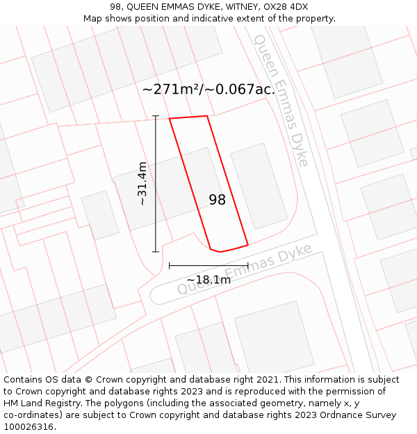 98, QUEEN EMMAS DYKE, WITNEY, OX28 4DX: Plot and title map