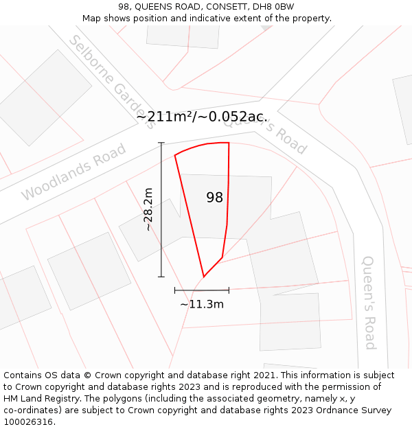 98, QUEENS ROAD, CONSETT, DH8 0BW: Plot and title map