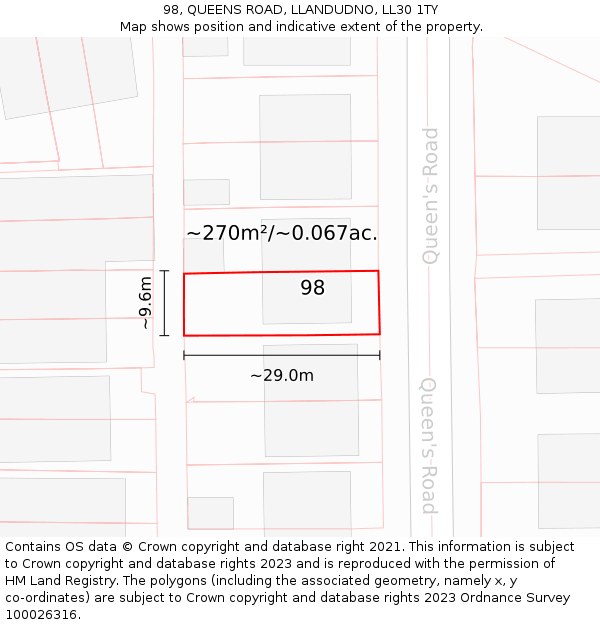 98, QUEENS ROAD, LLANDUDNO, LL30 1TY: Plot and title map