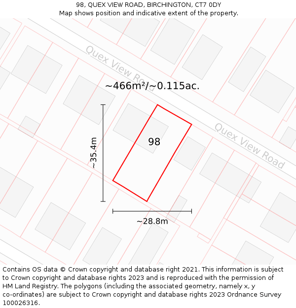 98, QUEX VIEW ROAD, BIRCHINGTON, CT7 0DY: Plot and title map