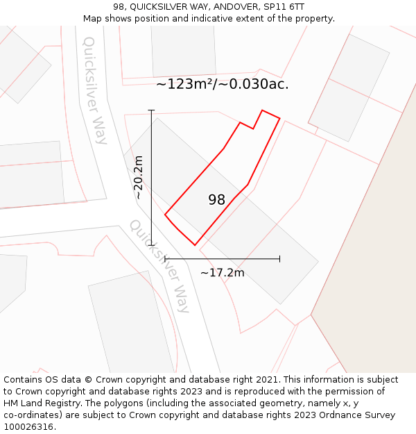 98, QUICKSILVER WAY, ANDOVER, SP11 6TT: Plot and title map