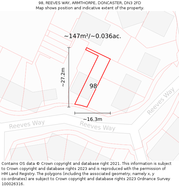 98, REEVES WAY, ARMTHORPE, DONCASTER, DN3 2FD: Plot and title map
