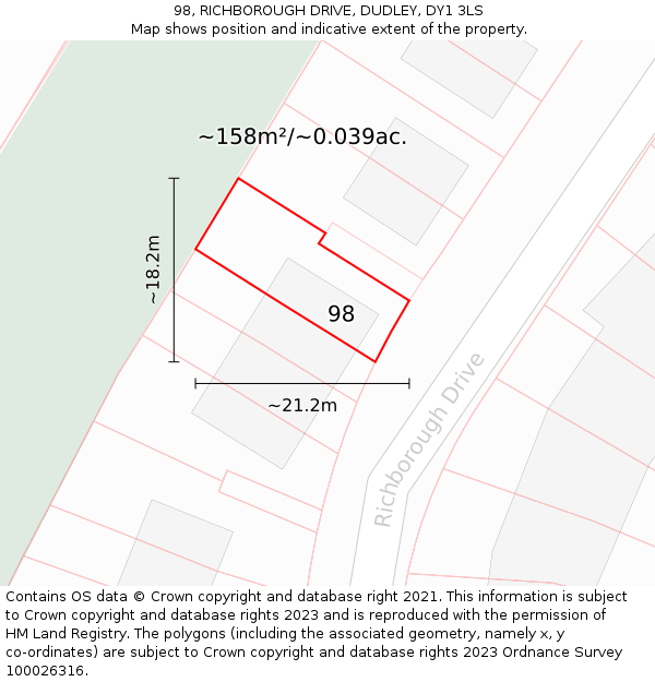 98, RICHBOROUGH DRIVE, DUDLEY, DY1 3LS: Plot and title map