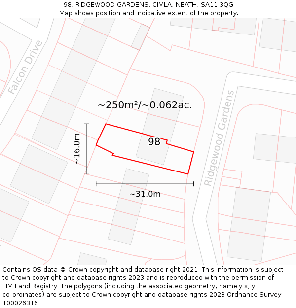 98, RIDGEWOOD GARDENS, CIMLA, NEATH, SA11 3QG: Plot and title map