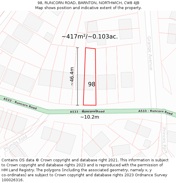 98, RUNCORN ROAD, BARNTON, NORTHWICH, CW8 4JB: Plot and title map