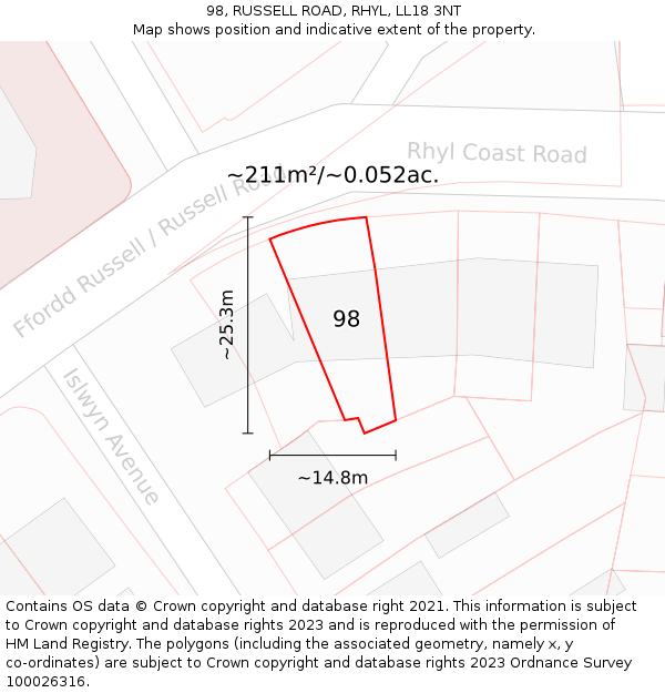 98, RUSSELL ROAD, RHYL, LL18 3NT: Plot and title map