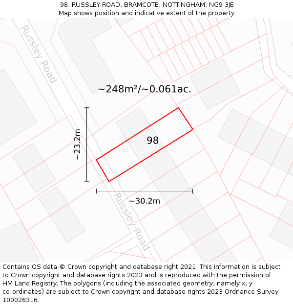 98, RUSSLEY ROAD, BRAMCOTE, NOTTINGHAM, NG9 3JE: Plot and title map