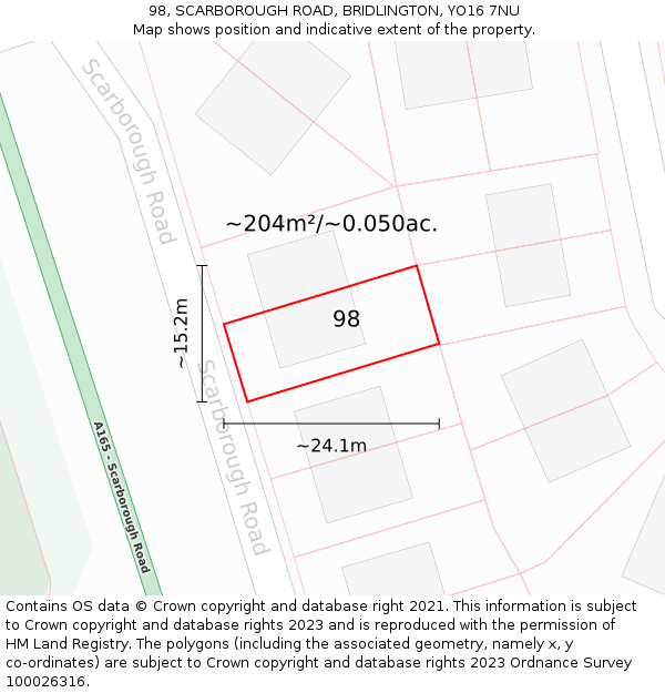 98, SCARBOROUGH ROAD, BRIDLINGTON, YO16 7NU: Plot and title map