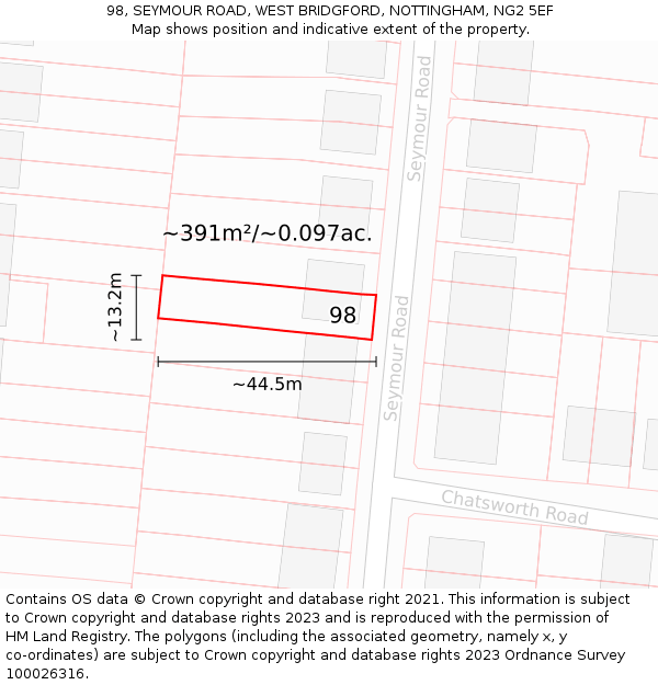 98, SEYMOUR ROAD, WEST BRIDGFORD, NOTTINGHAM, NG2 5EF: Plot and title map