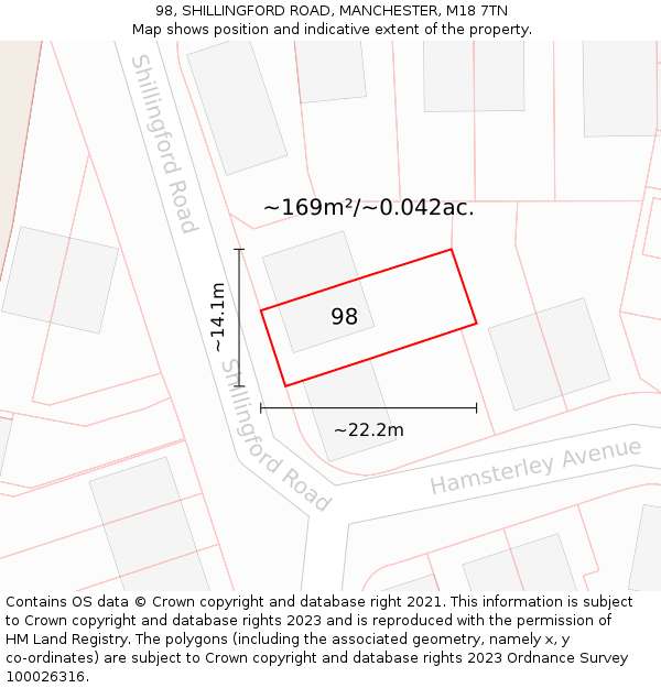 98, SHILLINGFORD ROAD, MANCHESTER, M18 7TN: Plot and title map