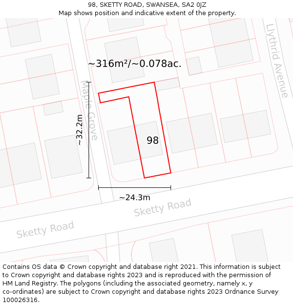 98, SKETTY ROAD, SWANSEA, SA2 0JZ: Plot and title map