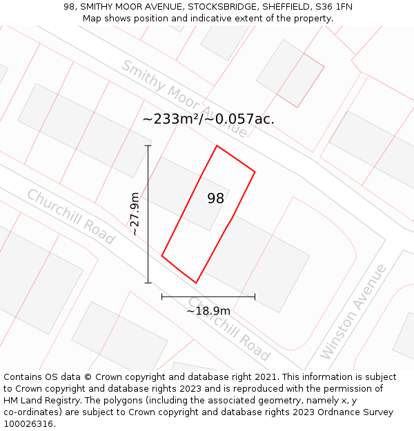 98, SMITHY MOOR AVENUE, STOCKSBRIDGE, SHEFFIELD, S36 1FN: Plot and title map