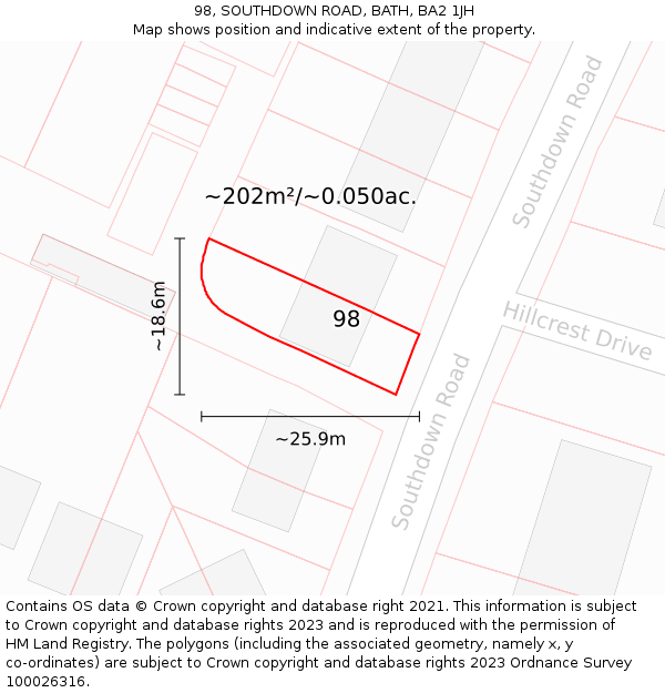 98, SOUTHDOWN ROAD, BATH, BA2 1JH: Plot and title map