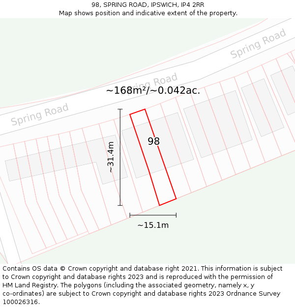 98, SPRING ROAD, IPSWICH, IP4 2RR: Plot and title map