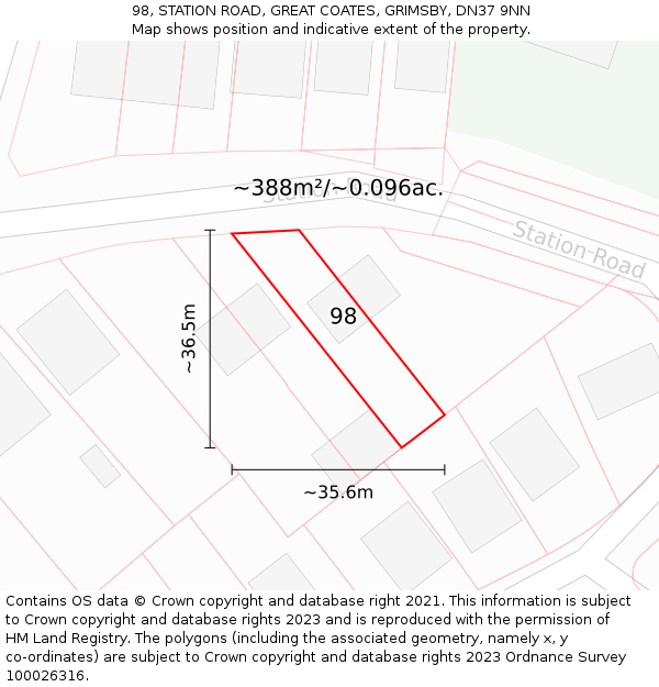 98, STATION ROAD, GREAT COATES, GRIMSBY, DN37 9NN: Plot and title map